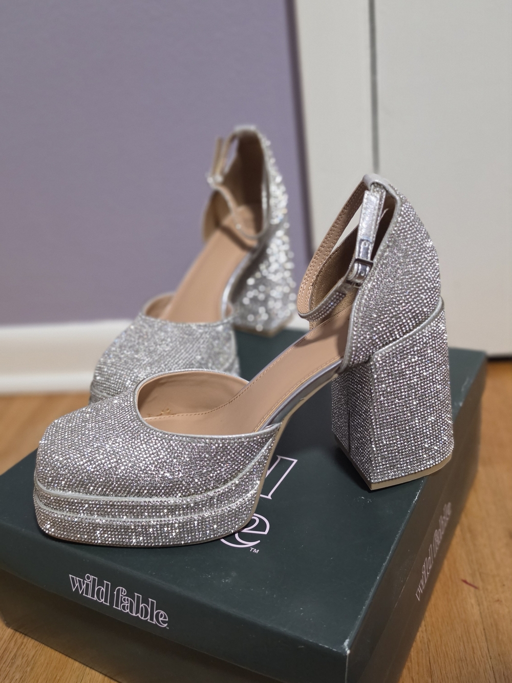 wild fable Silver Crystal Embellished Platform Block Heels